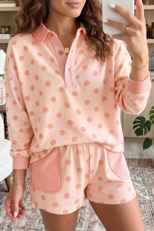 Pink Polka Dot Loose Polo Patch Pocket Shorts Set