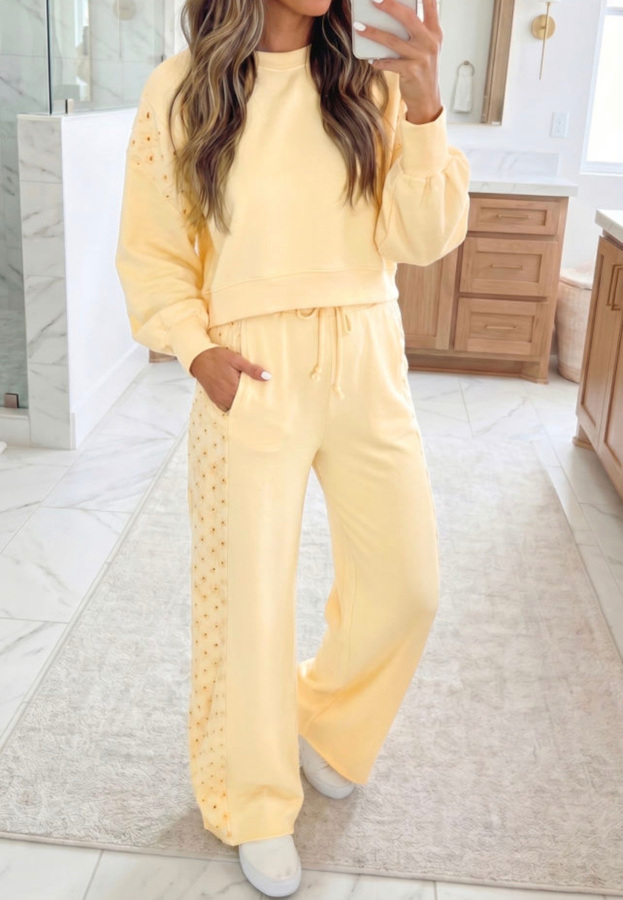 Yellow Eyelet Trim Cropped Pullover top and Pants Set