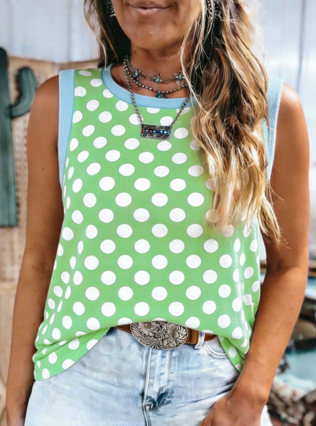 Green and White Polka Dot Blue Trim Tank