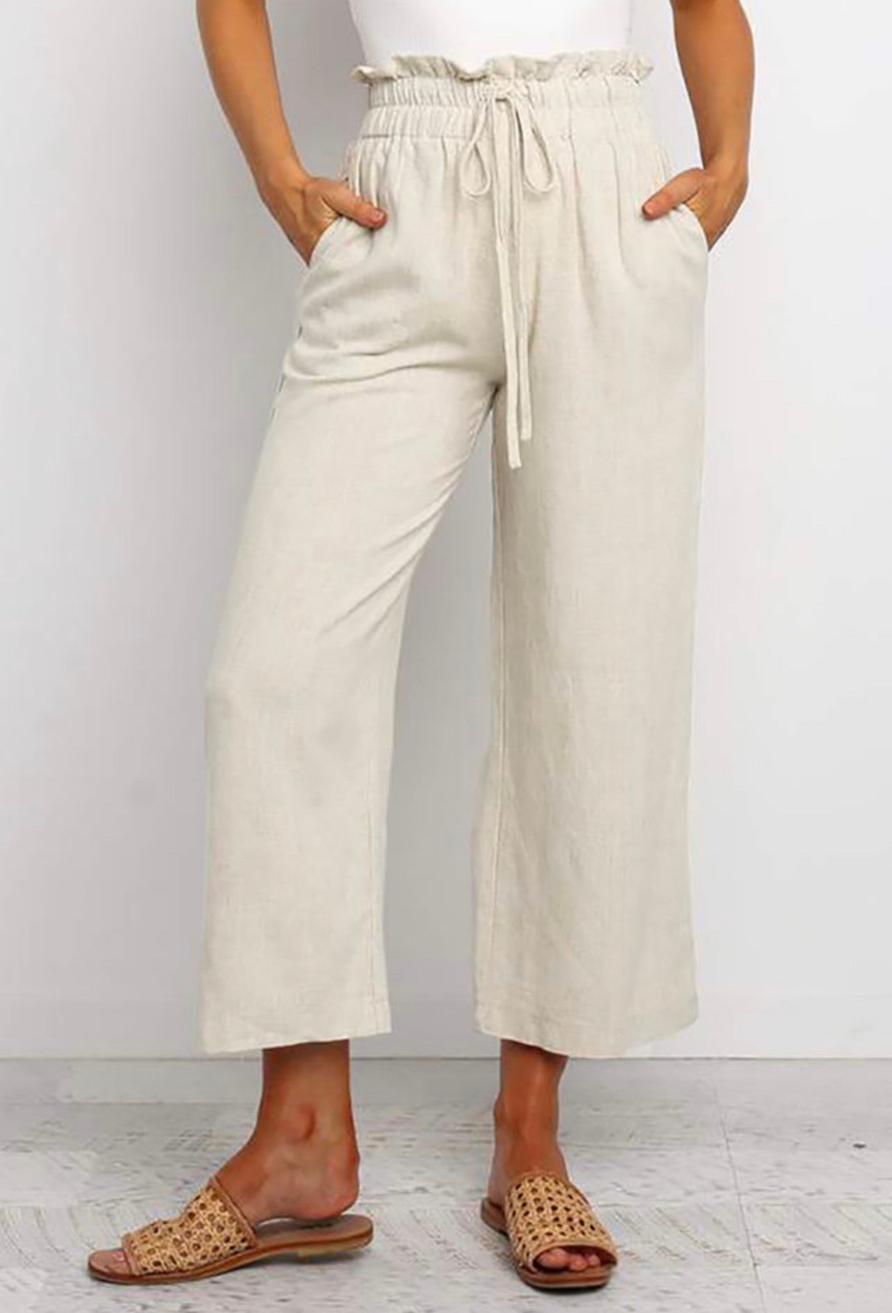 Light Khaki Paper Bag Cropped Pants