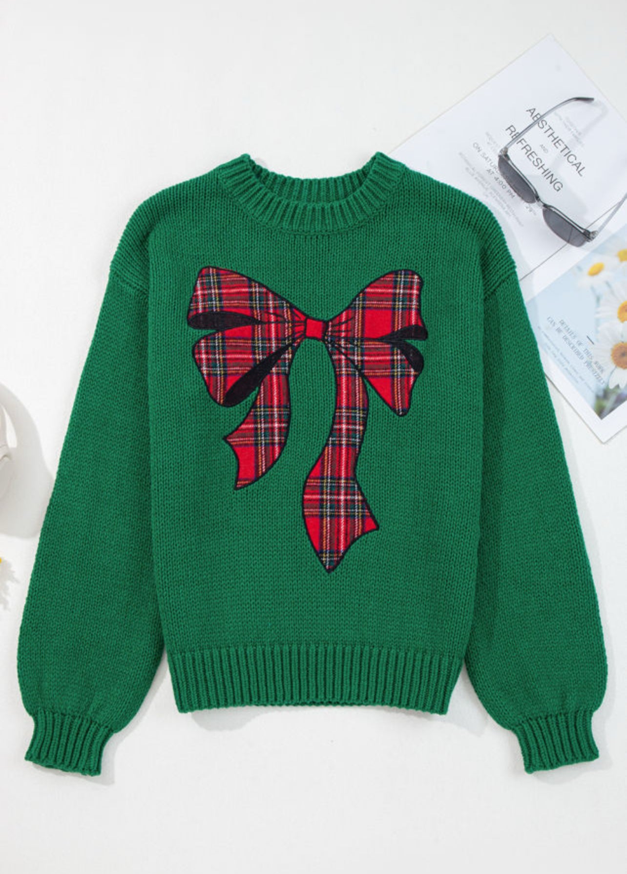 Green Sweater with Plaid Bow