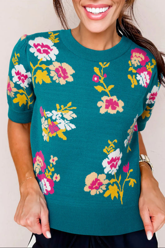 Turquoise Floral Short Sleeve Sweater
