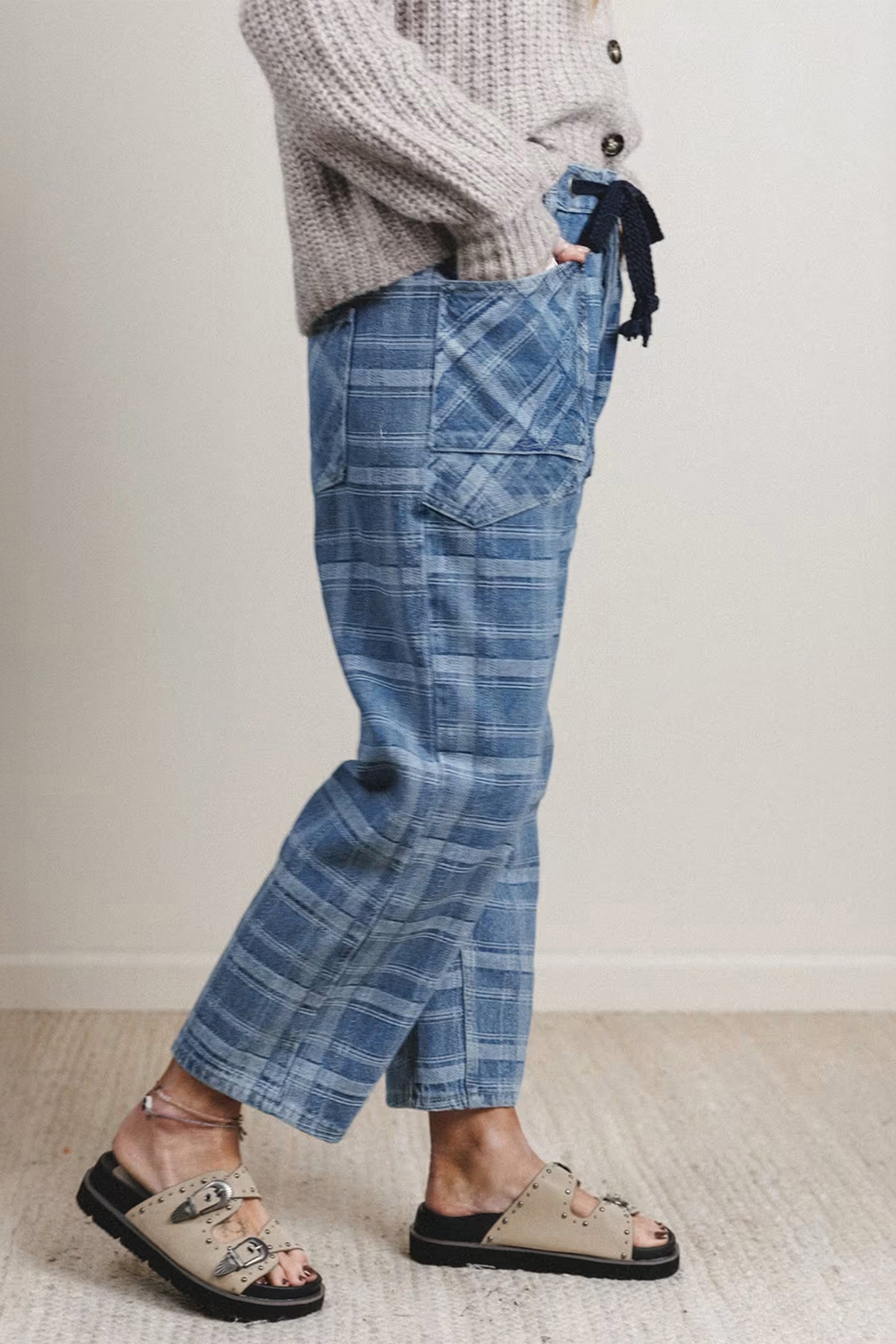 Blue Plaid Denim Drawstring Ankle-Length Jeans