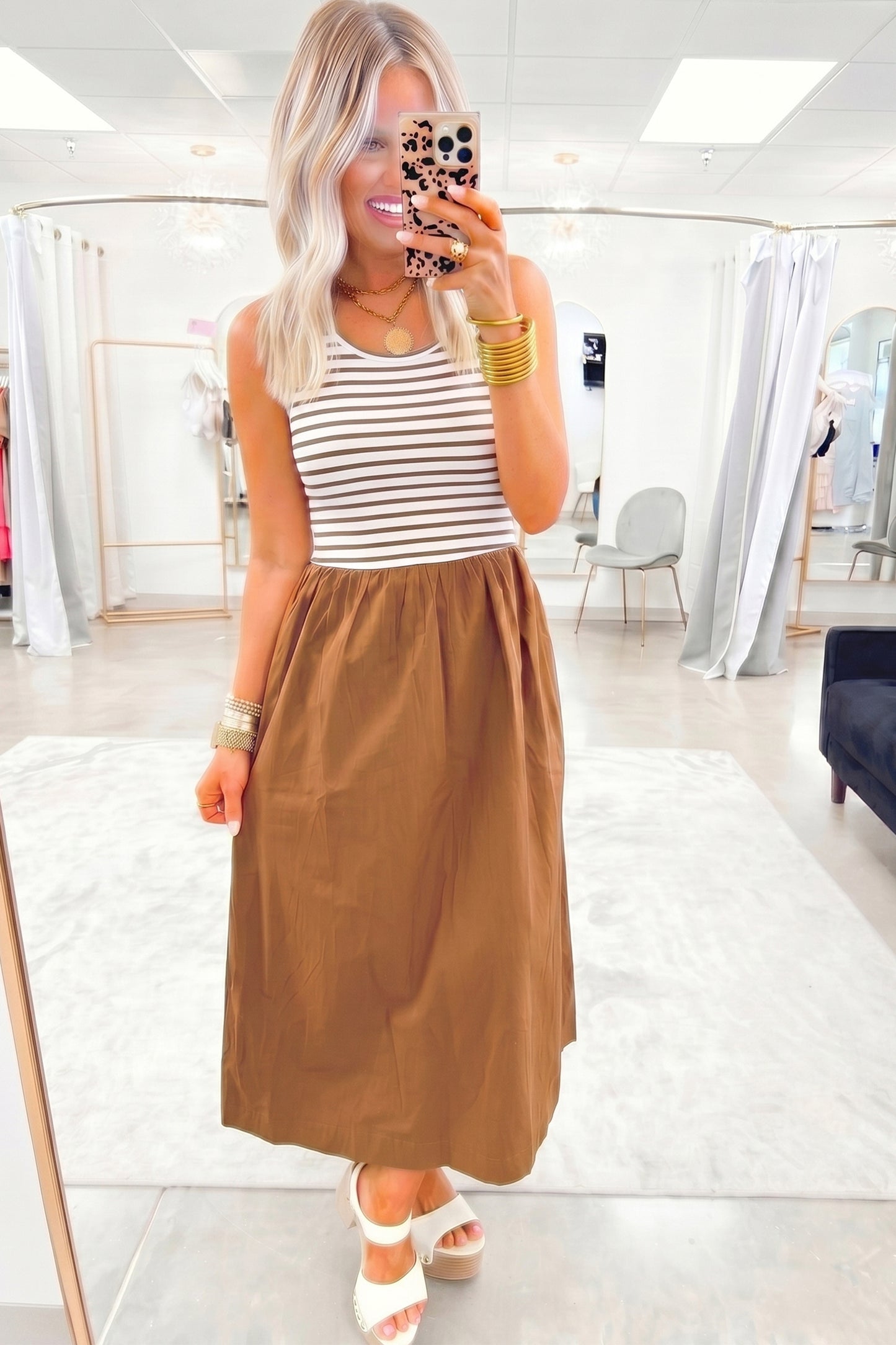 Chestnut Striped Colorblock Sleeveless Long Dress