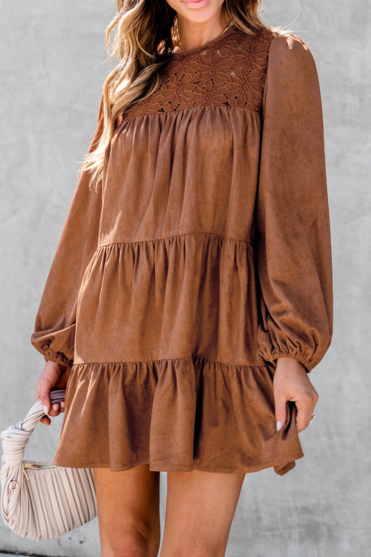 Brown Lace Ruffled Mini Dress