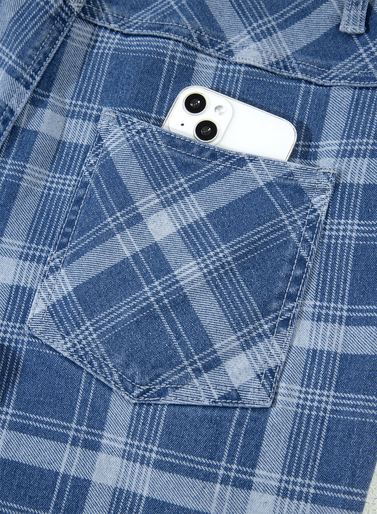 Blue Plaid Denim Drawstring Ankle-Length Jeans
