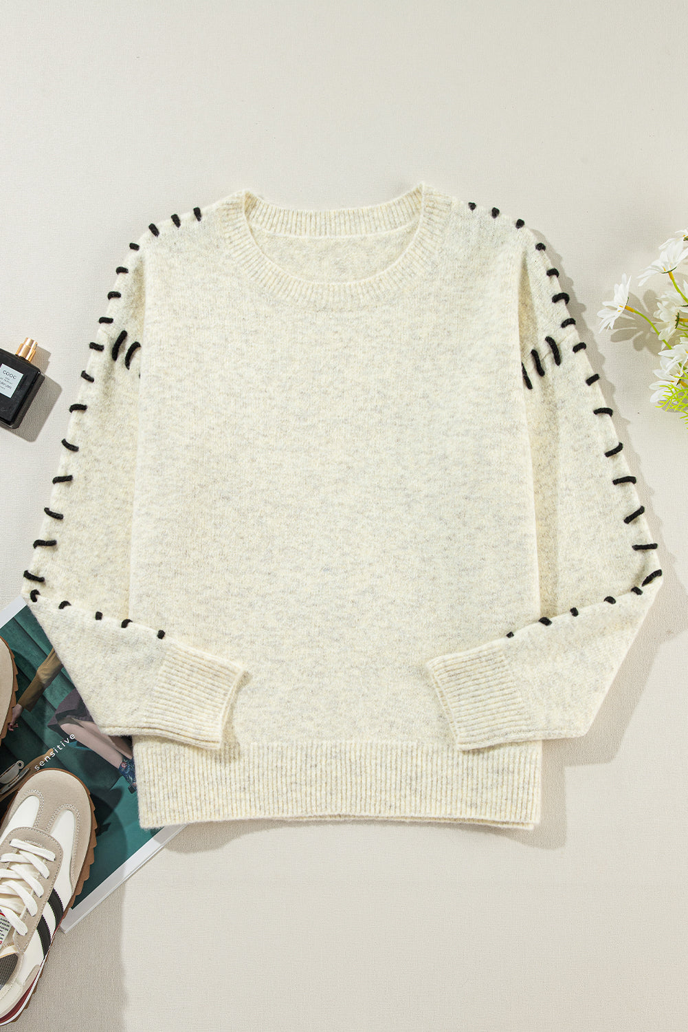 White Contrast Stitch Sweater