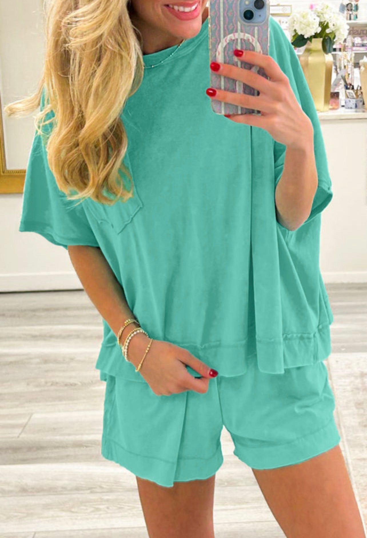 Aqua Green Raw Edge Oversized Tee and Shorts Set