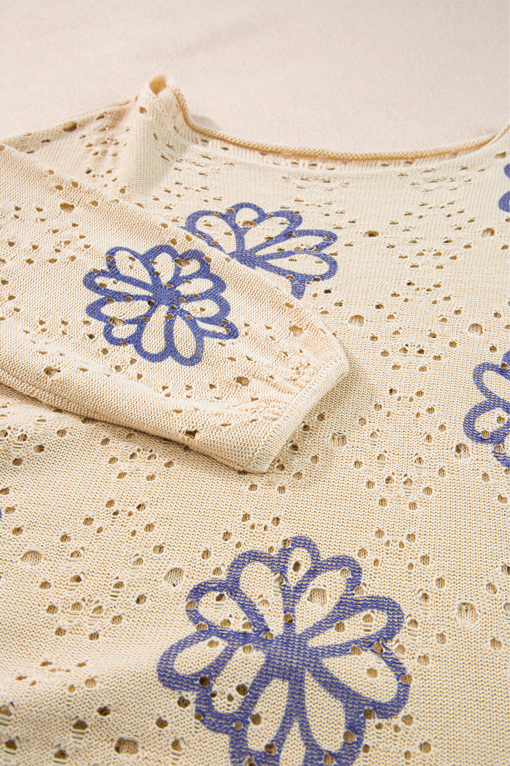 Beige Flower Print Eyelet Sweater (on hand)