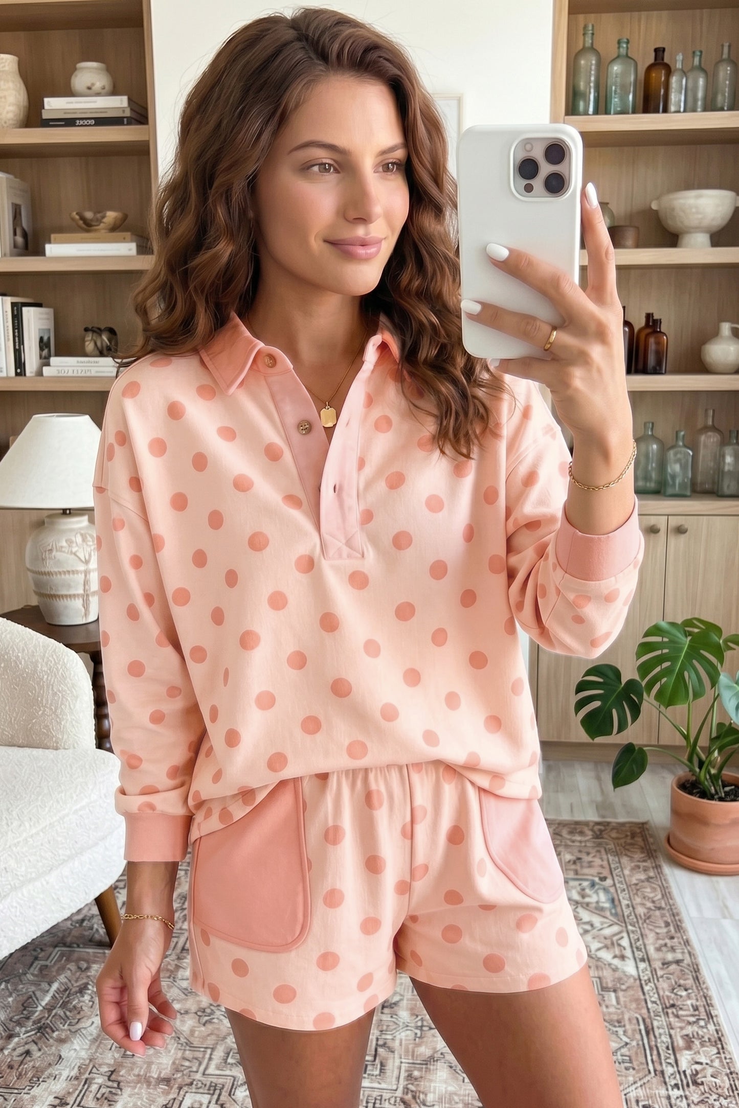 Pink Polka Dot Loose Polo Patch Pocket Shorts Set