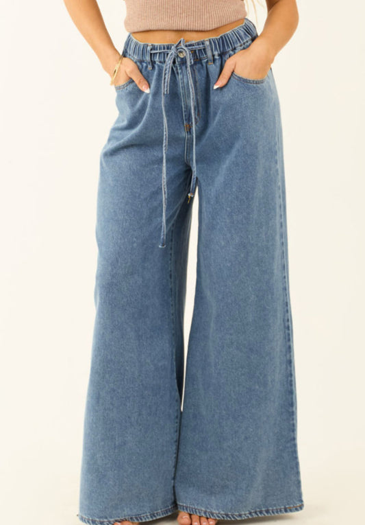 Wide Leg Drawstring Denim Pants