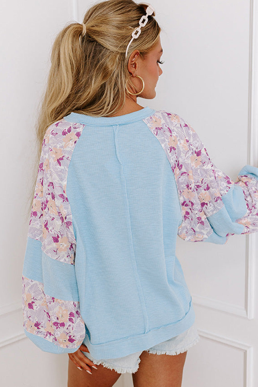 Blue Floral Patchwork Balloon Sleeve Blouse