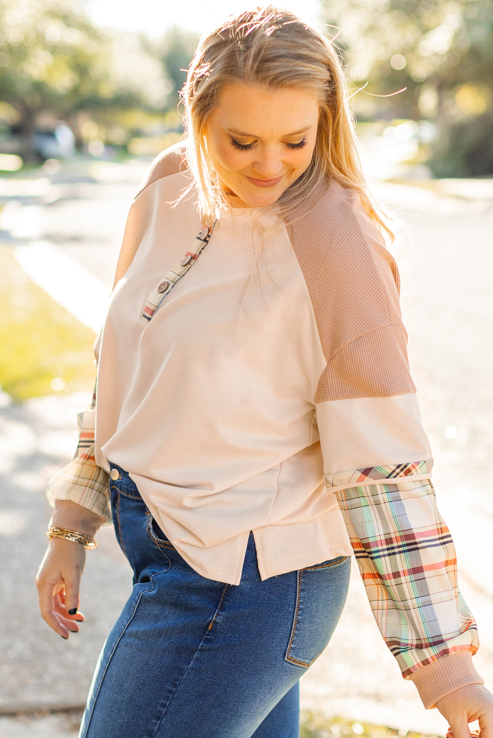 Beige Plus Size Plaid Layered Henley Top