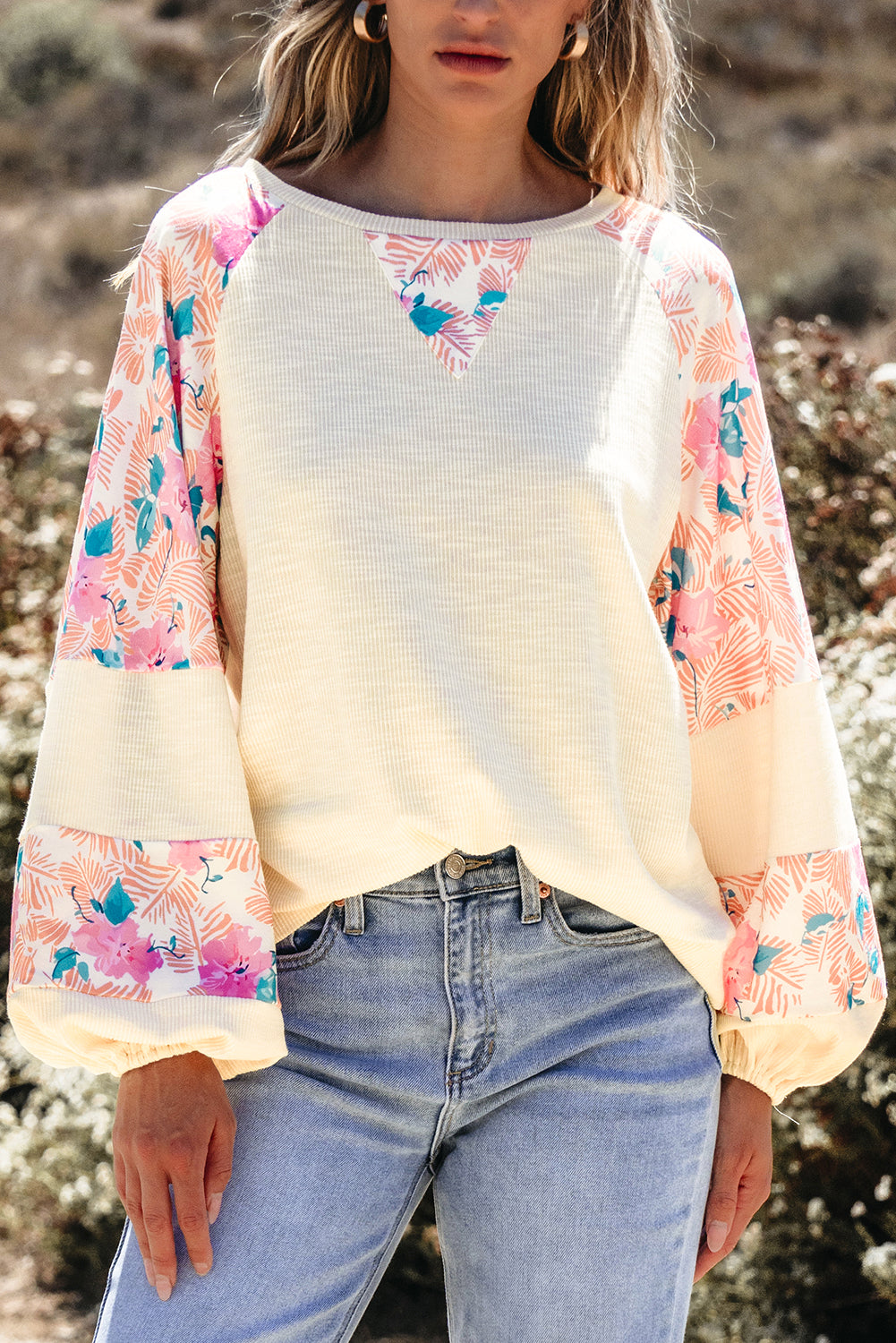 Beige Floral Patchwork Balloon Sleeve Blouse