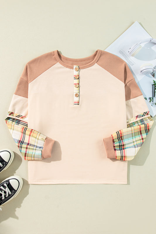 Beige Plus Size Plaid Layered Henley Top