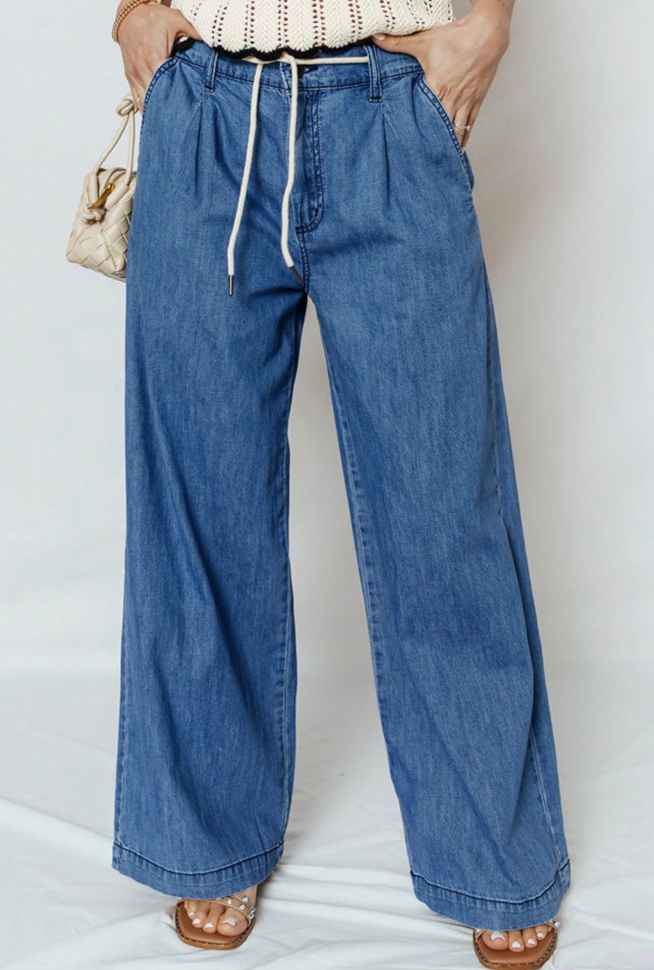Pleated Pull On Drawstring Jeans
