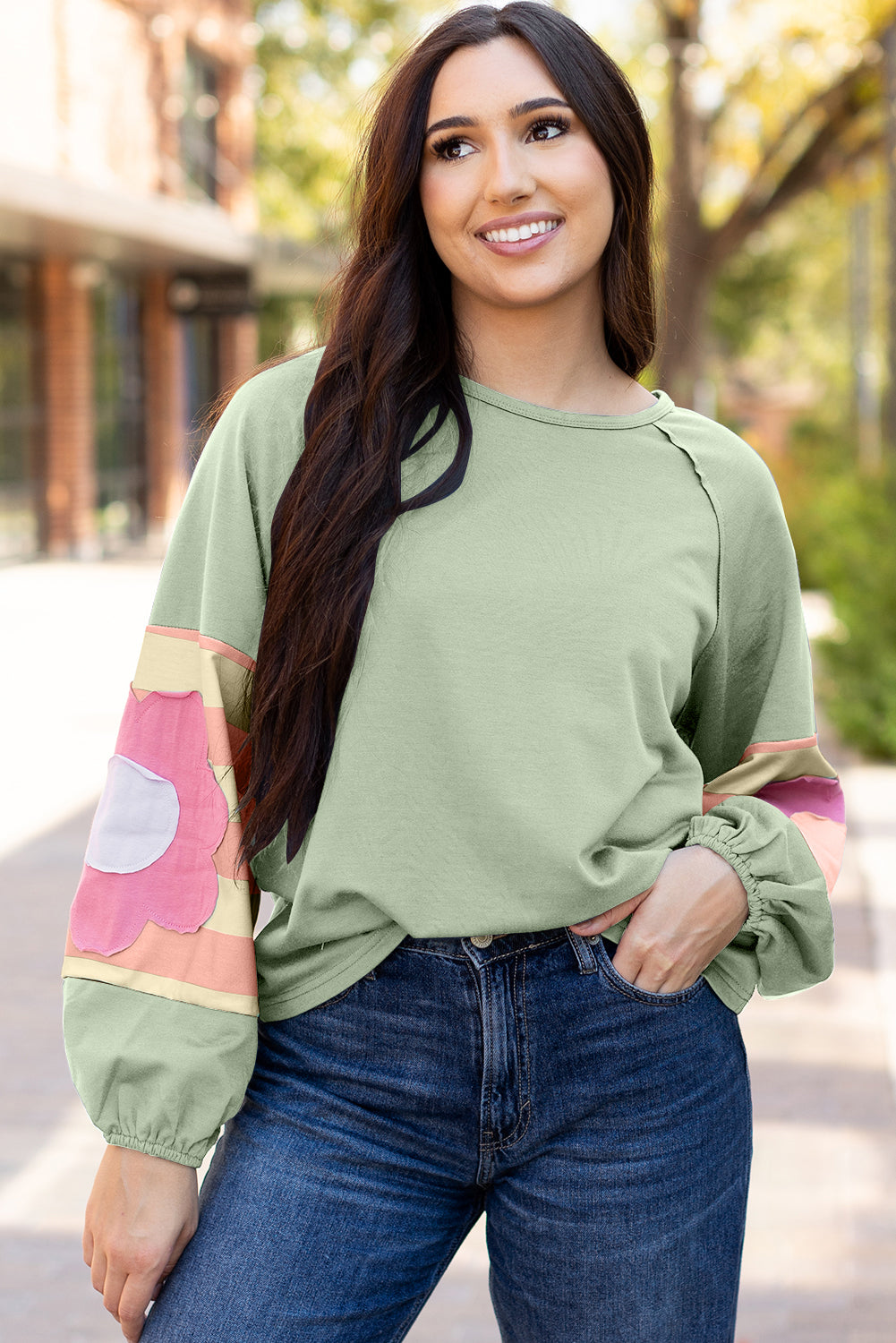 Green Flower Sleeve Oversized Top