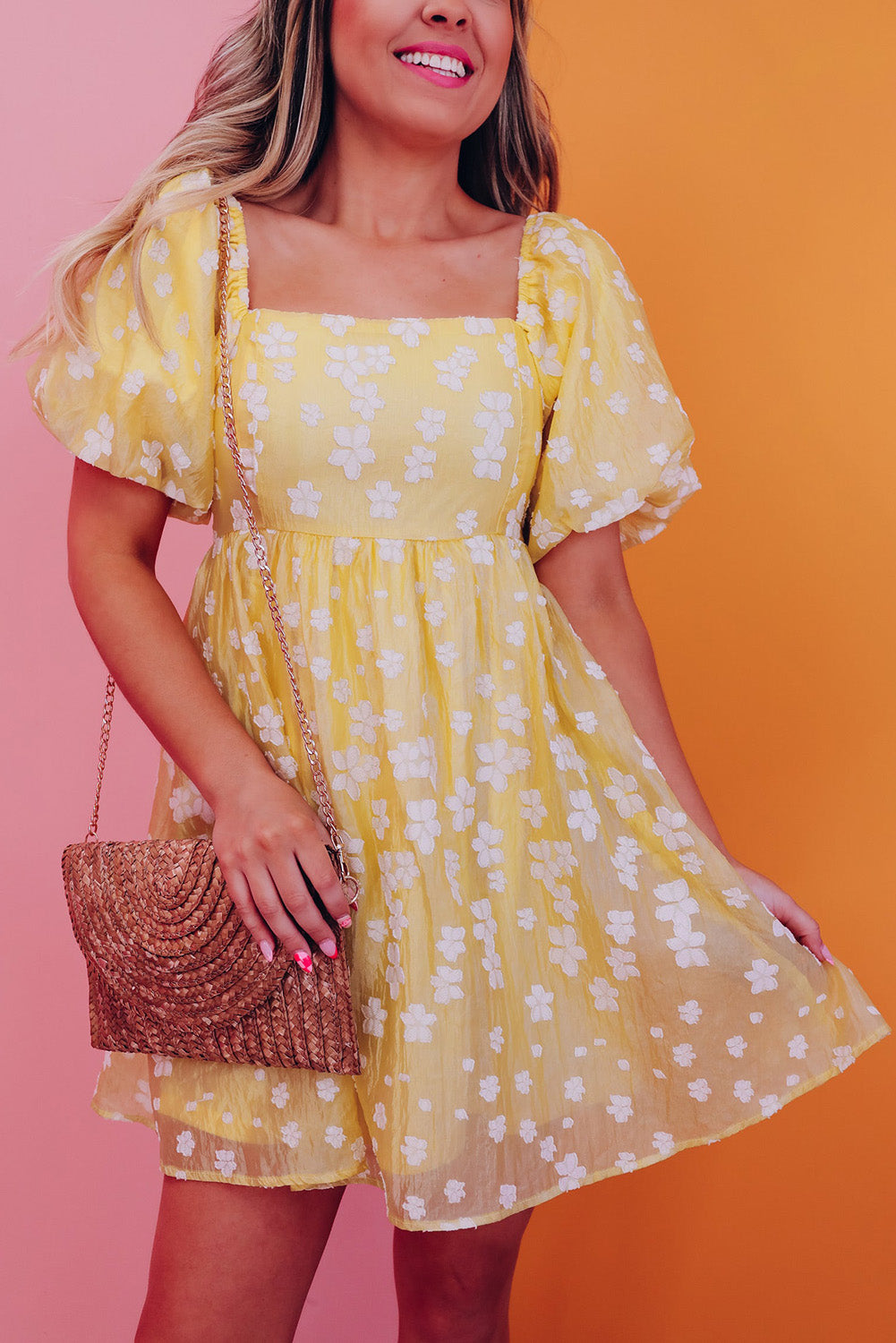 FINAL SALE--Yellow Boho Flower Puff Sleeve Mini Dress (on hand)