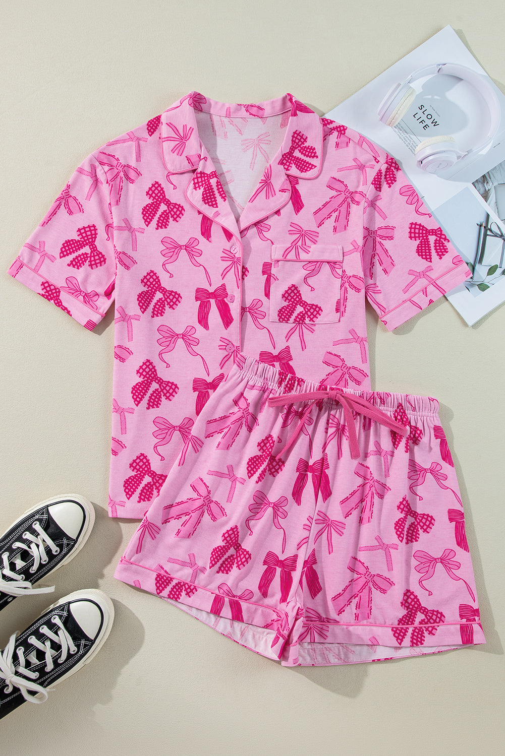 Pink Bow Print Pajamas Set