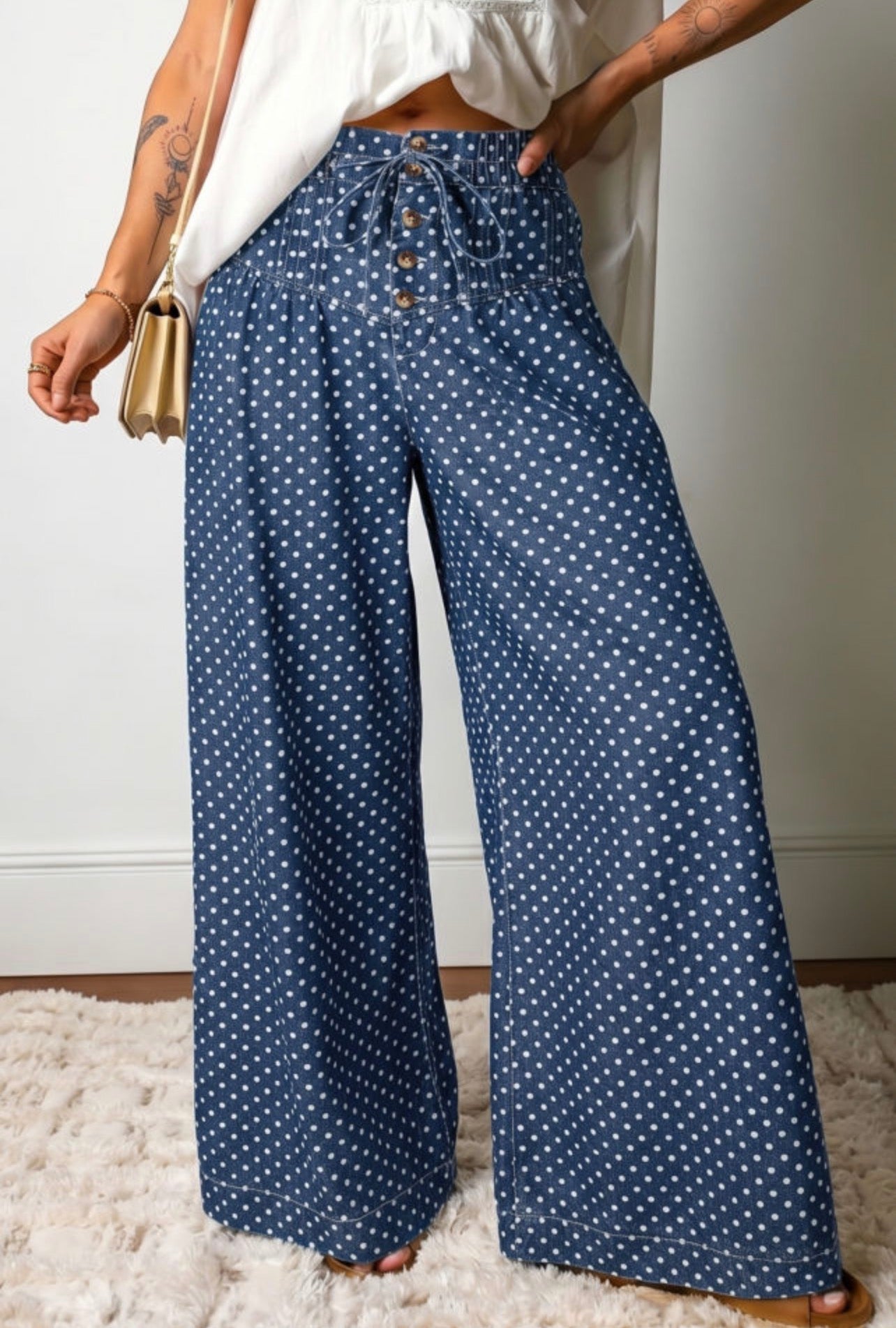 Preorder Button Front Pleated Wide Leg Polka Dot Full Length Jeans
