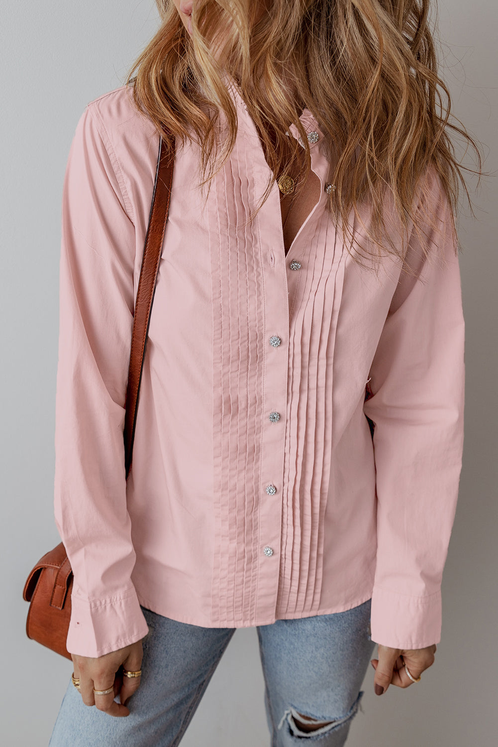 Pink Pleated Loose Fit Button-Up