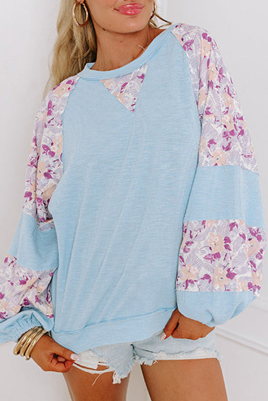 Blue Floral Patchwork Balloon Sleeve Blouse