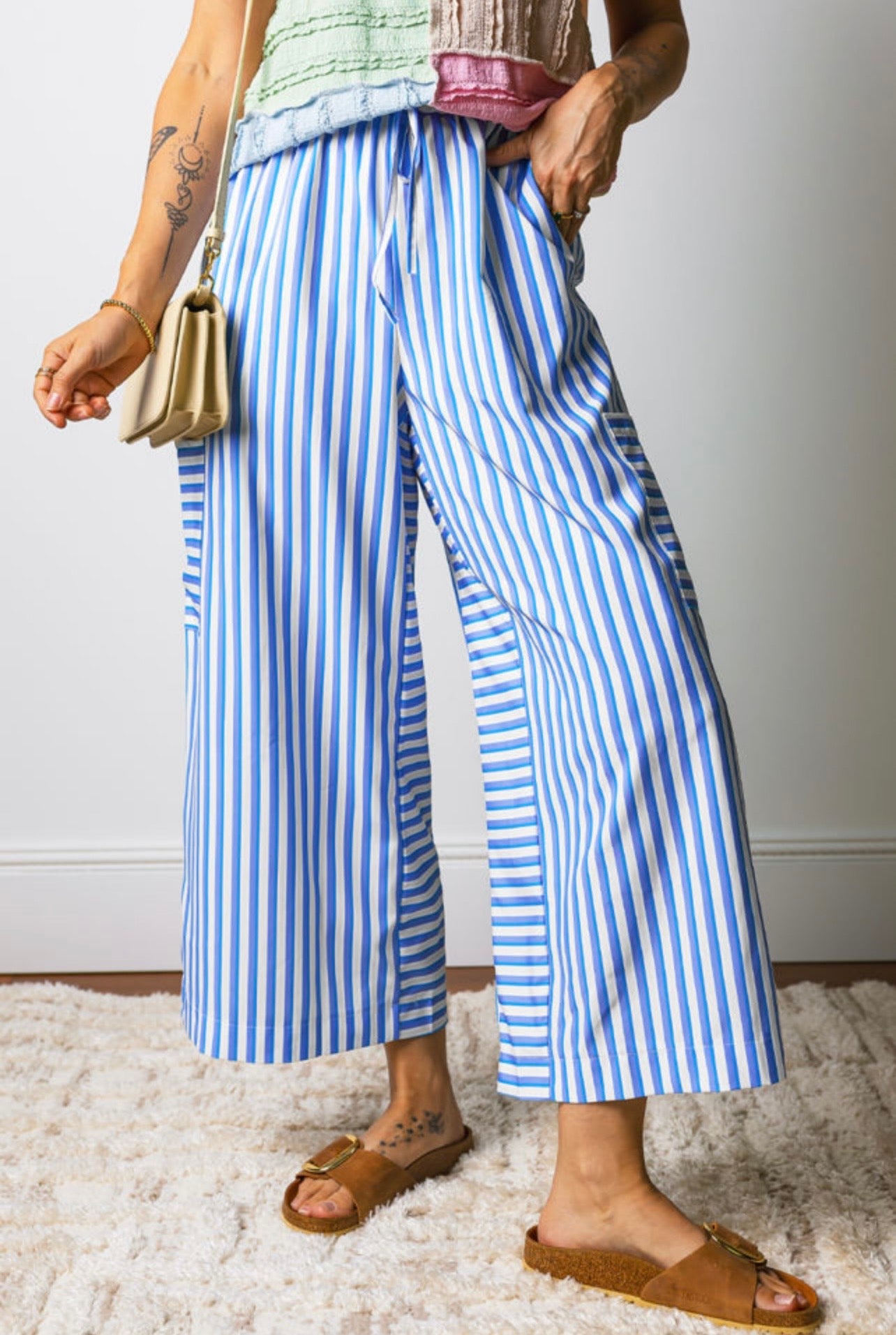 Blue and White Stripe Wide Leg Pants