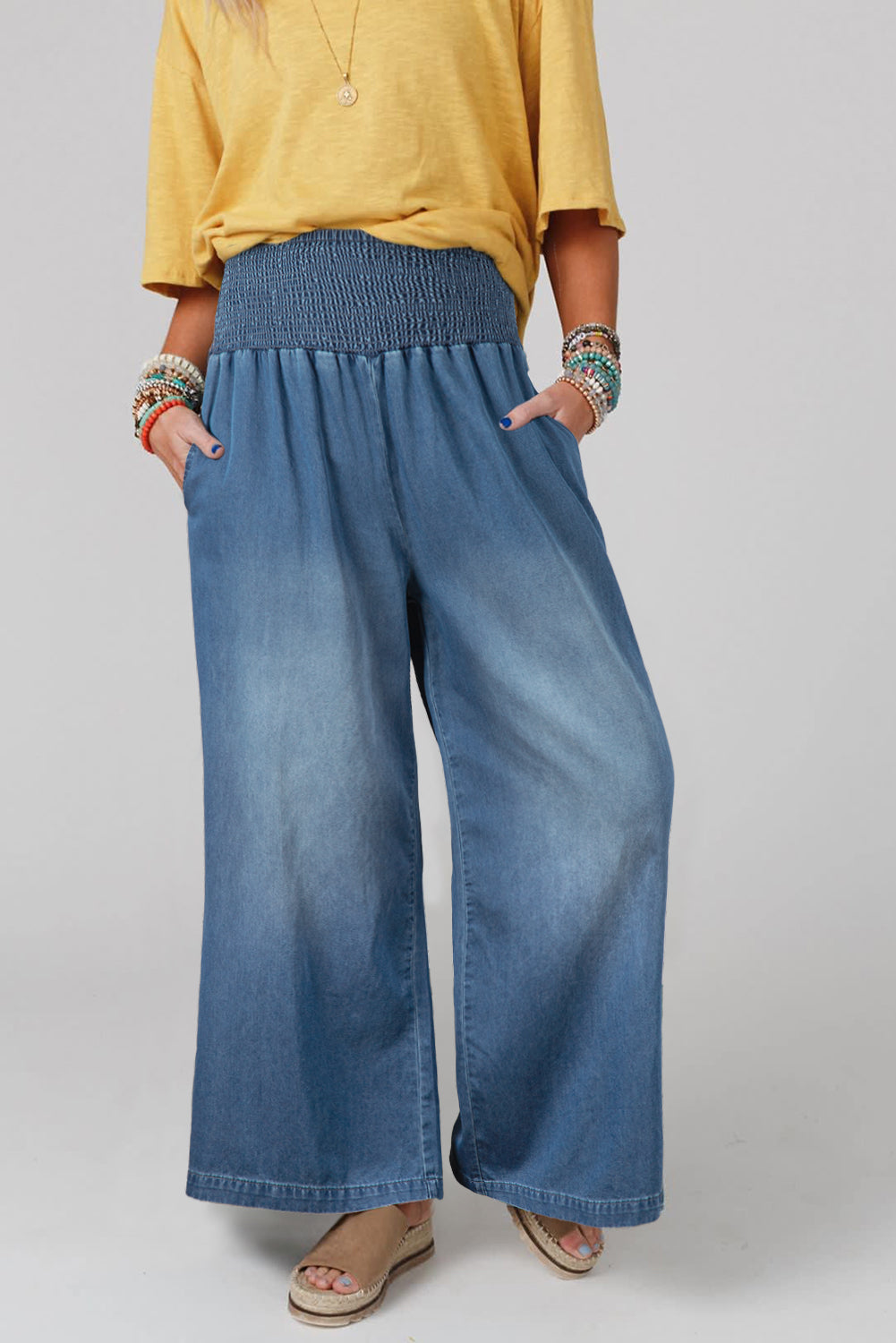 Blue Smocked High Waist Wide Leg Jeans