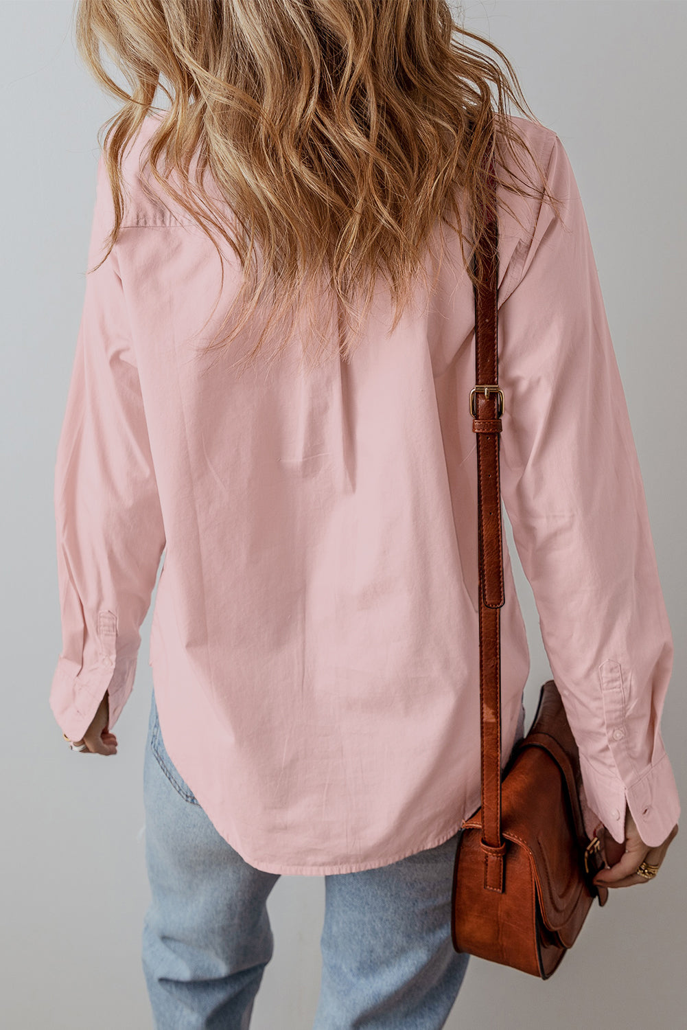 Pink Pleated Loose Fit Button-Up