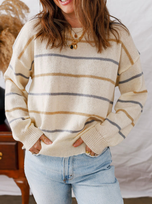 Cream Gray Stripe Sweater