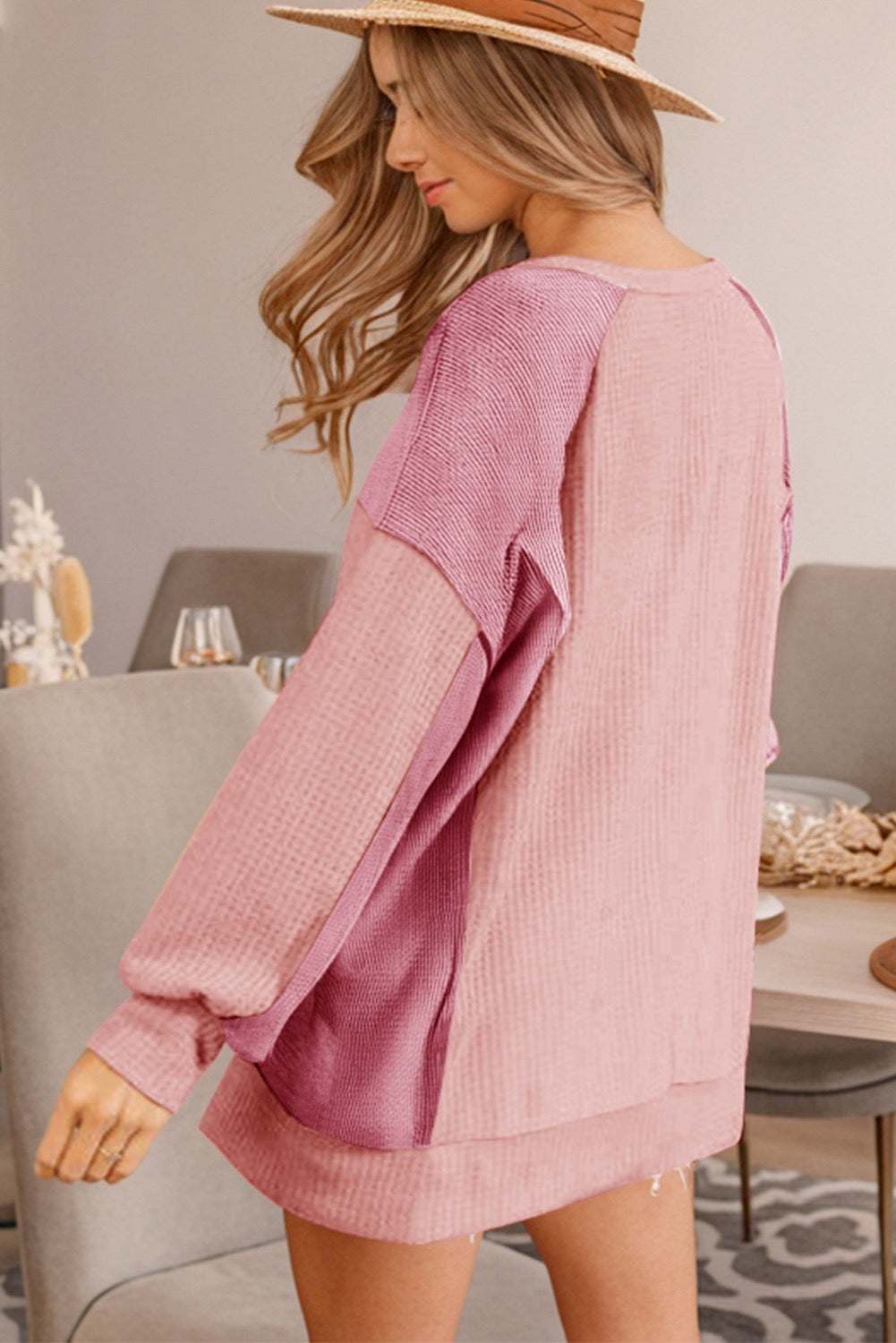 Pink Color Block Waffle High Low Sweatshirt (on hand)