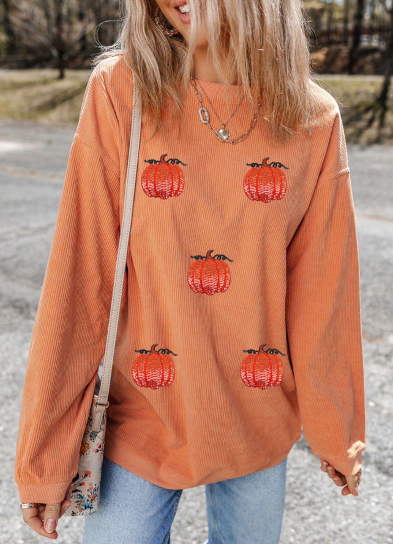 Sequin Pumpkin Ribbed Sweatshirt