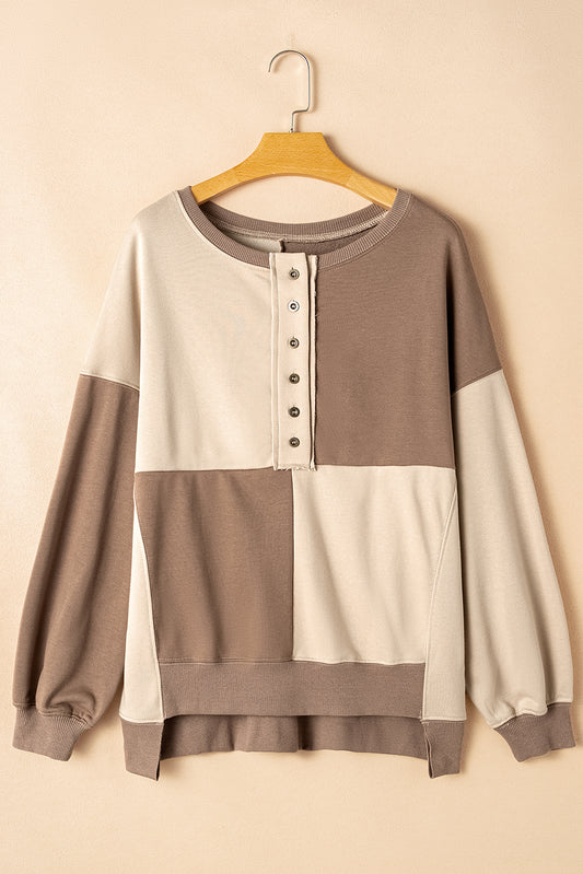 Brown Colorblock Henley Oversize Sweatshirt