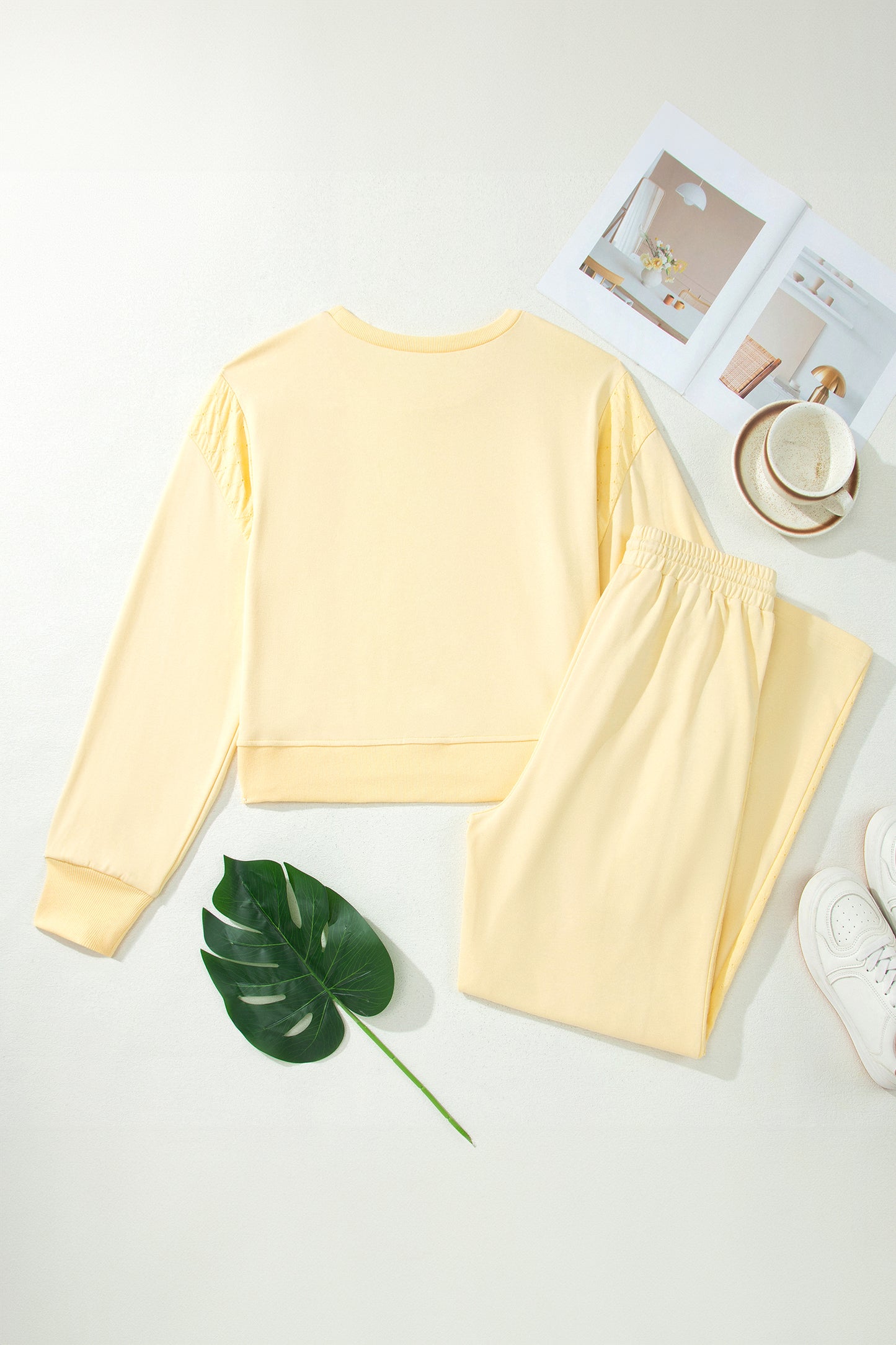 Soft Yellow Eyelet Patchwork Cropped Pullover Drawstring Pants Set