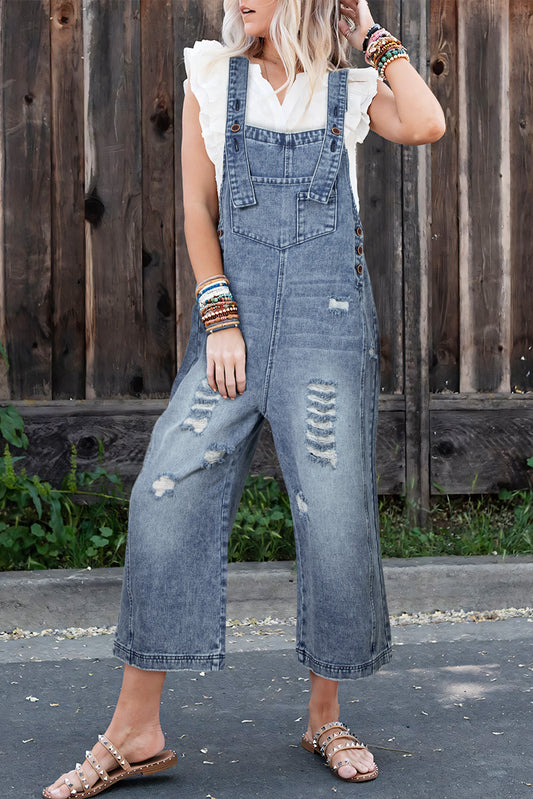 Distressed Wide Leg Denim Overall