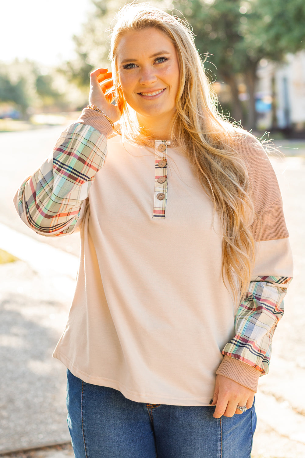 Beige Plus Size Plaid Layered Henley Top