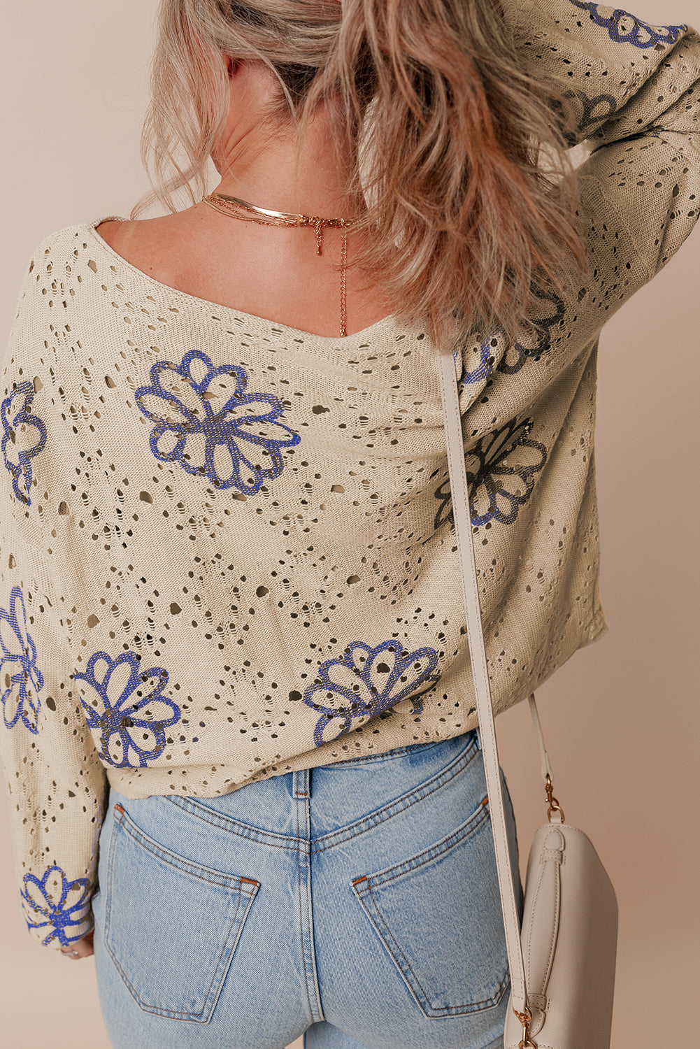 Beige Flower Print Eyelet Sweater (on hand)