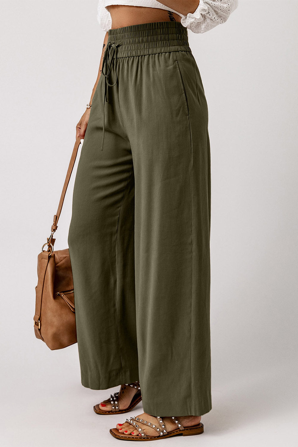 Green Drawstring Wide Leg Pants