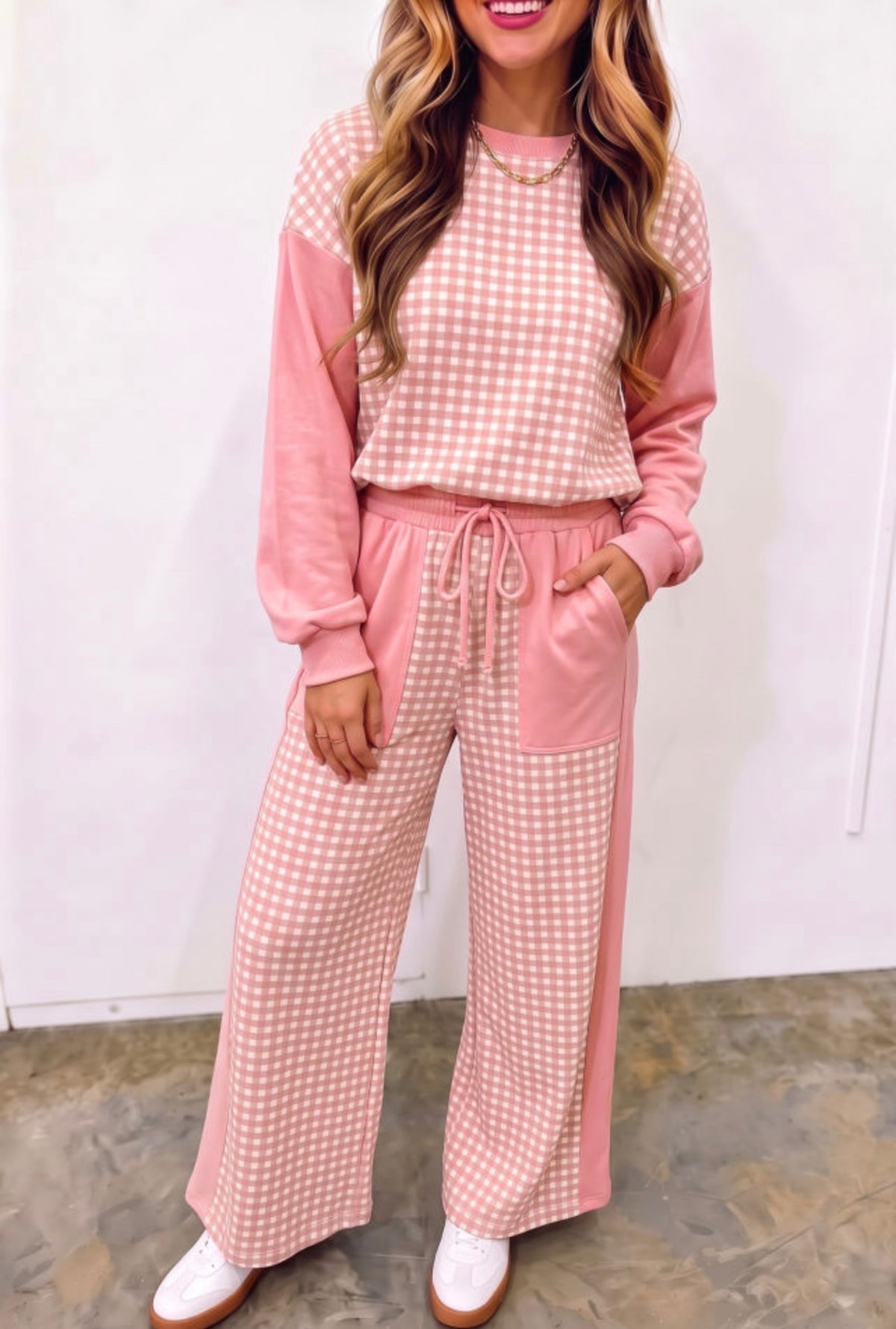 Pink Colorblock Gingham Top and Pants Set