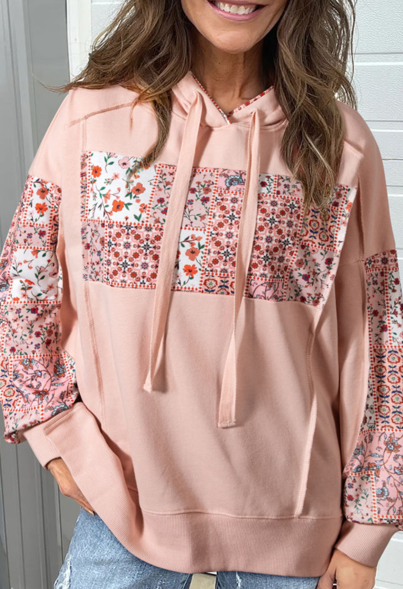 Pink Floral Patchwork Hoodie-LOCAL