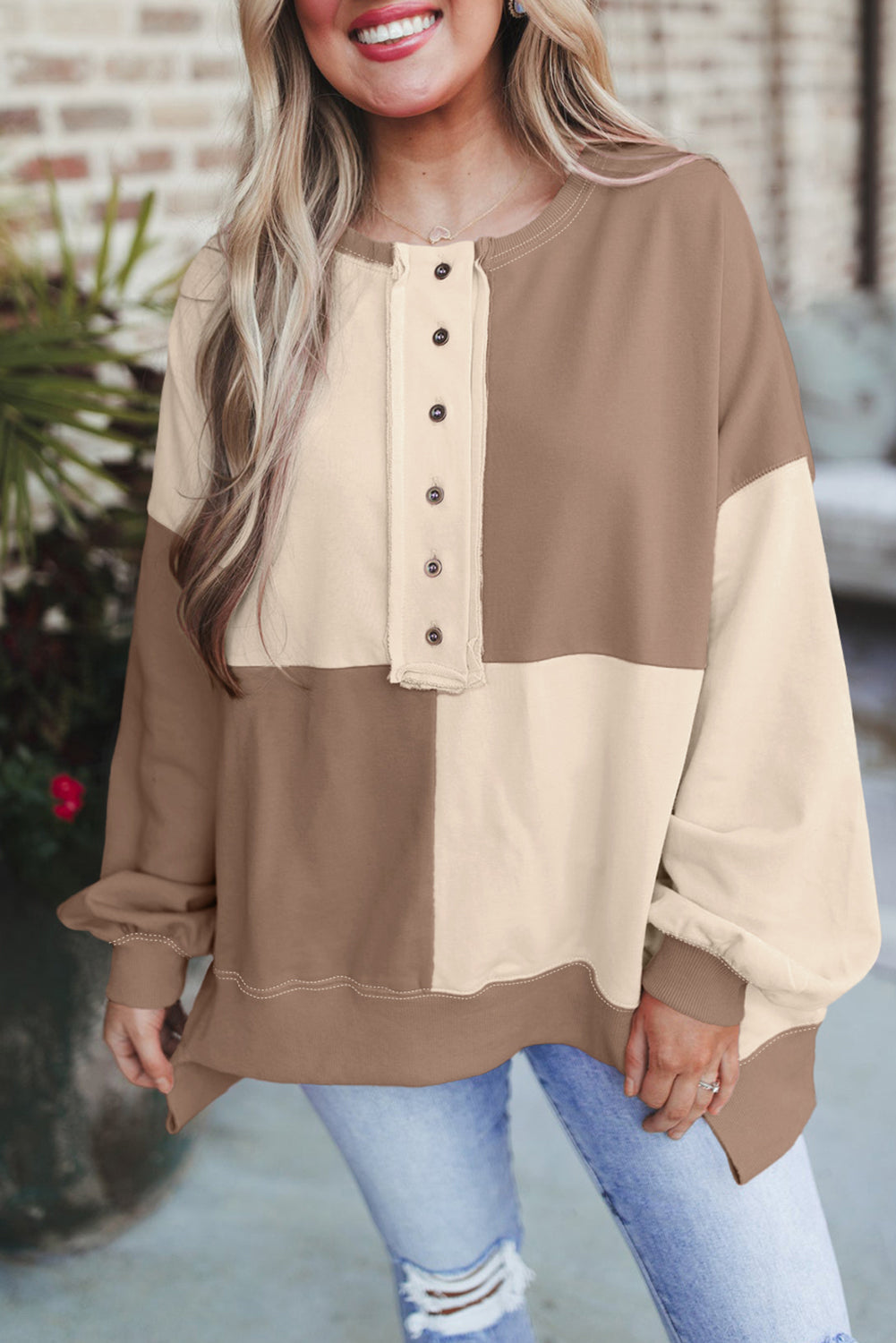 Brown Colorblock Henley Oversize Sweatshirt