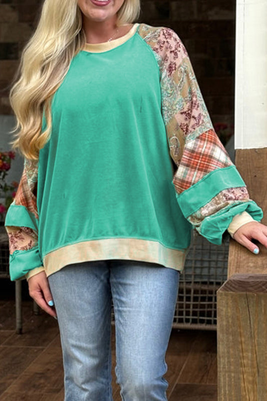 Green Plus Size Plaid Patchwork Sleeve Sweatshirt