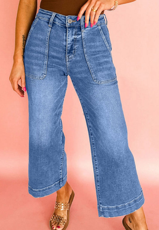Sky Blue Cropped Wide Leg Stretch Jeans