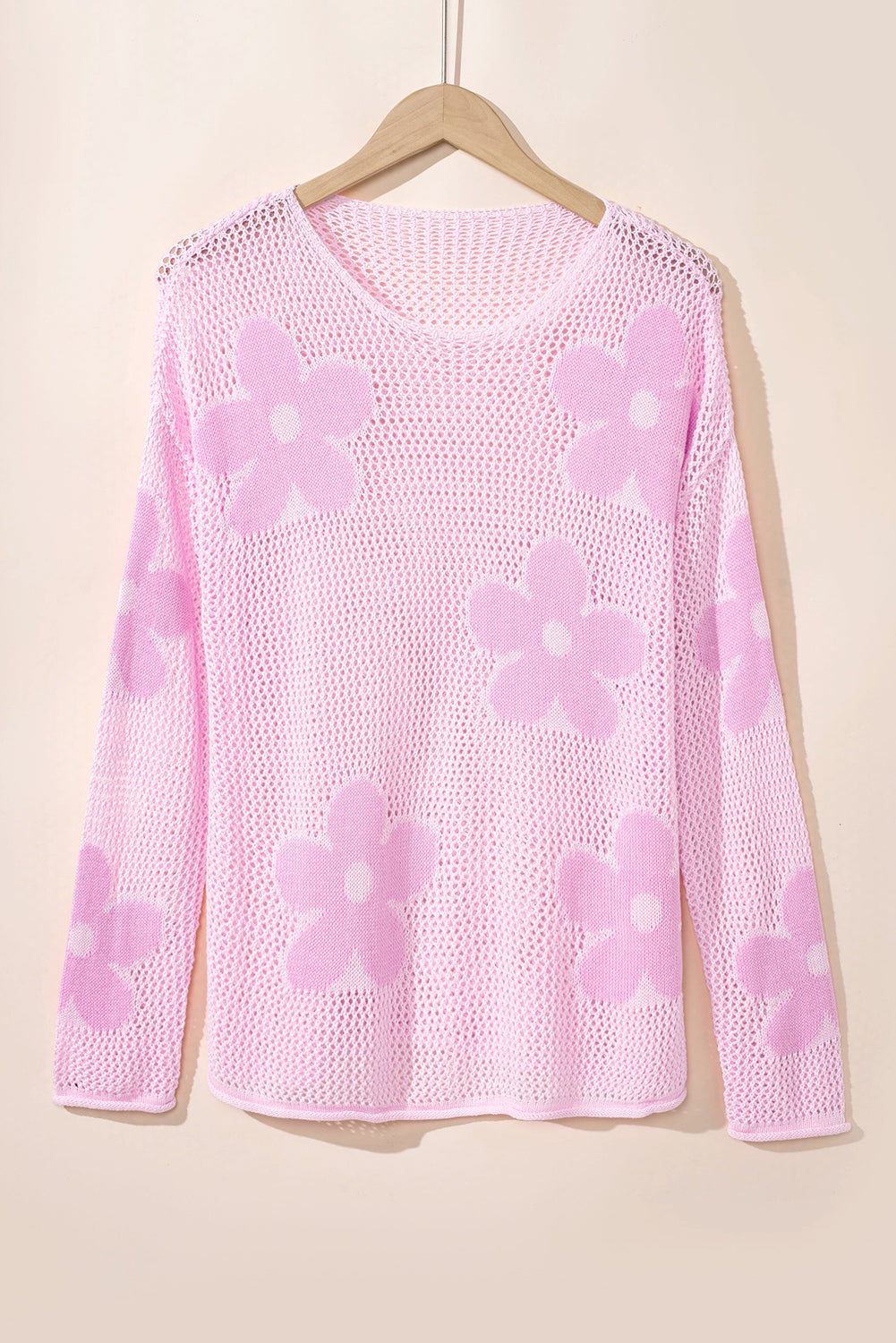 Pink Big Flower Hollowed Knit Drop Shoulder Sweater (on hand)