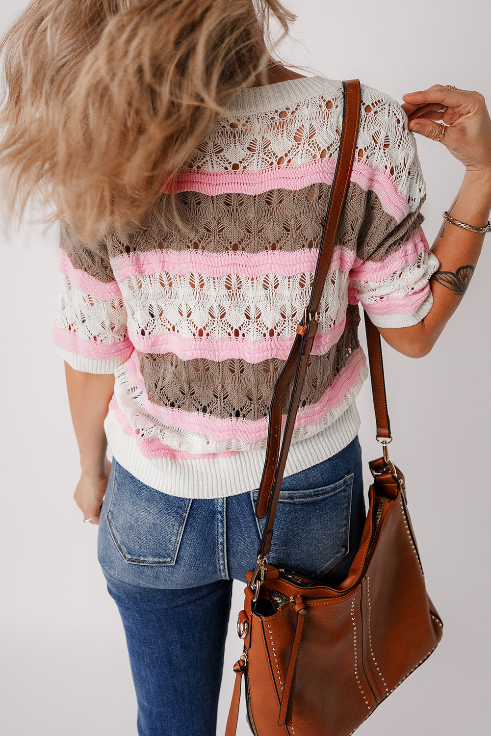 FINAL SALE--Brown Stripe Crochet Half Sleeve Sweater (on hand)