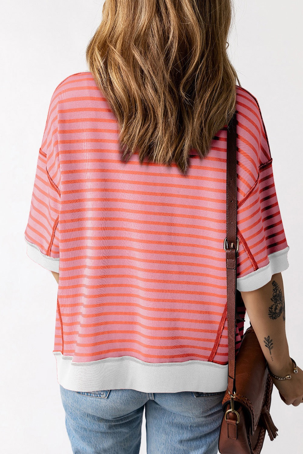 FINAL SALE—Pink Stripe Exposed Seam Contrast Trim Tee (on hand)