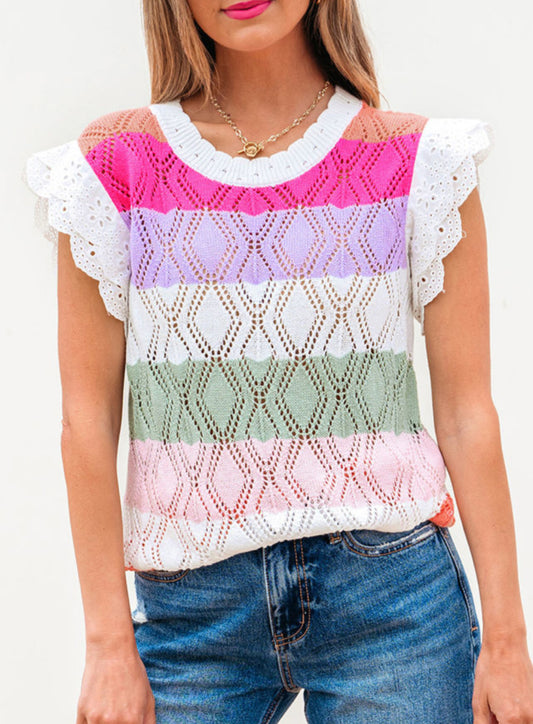 FINAL SALE—Stripe Knit Eyelet Sleeve Sweater