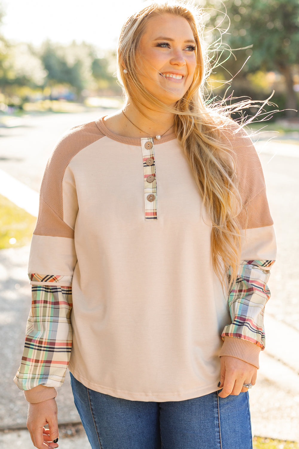 Beige Plus Size Plaid Layered Henley Top