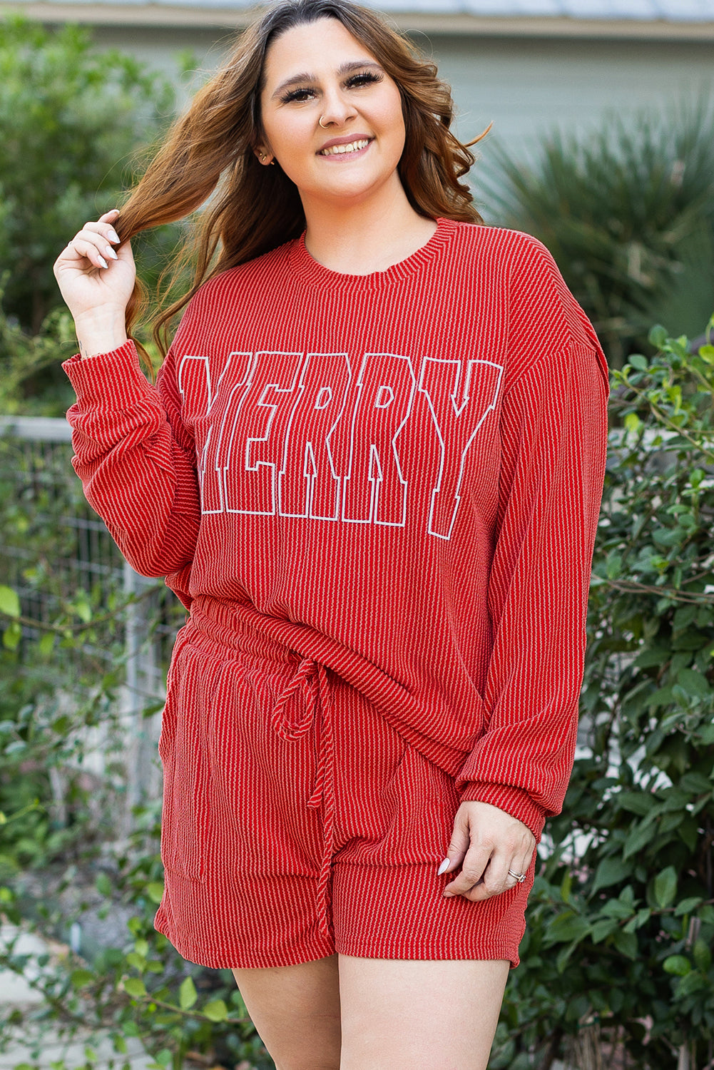 Red MERRY Ribbed Knit Plus Size Set