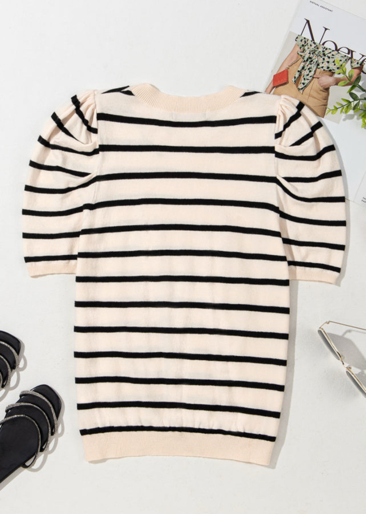 Black Stripe Puff Sleeve Sweater